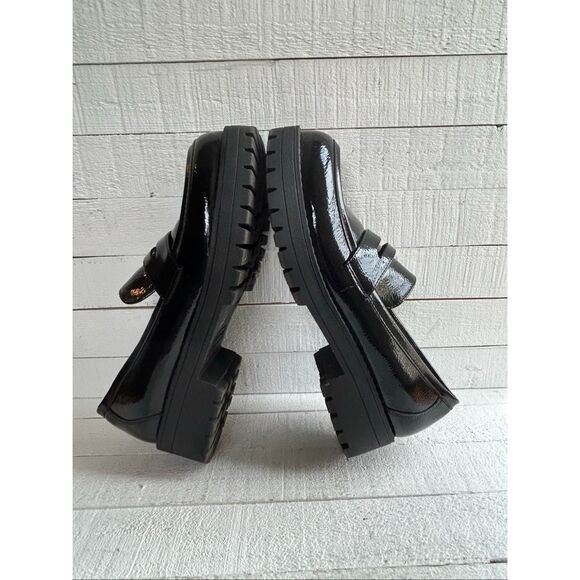 Black Chunky Platform Patent Leather Penny Loafers Women’s Sz 9 Slip On Lug Sole - Picture 10 of 13